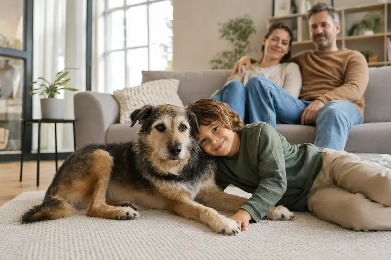 Ein freundlicher Telomian Hund liegt entspannt neben einem Kind im hellen Wohnzimmer mit den Eltern im Hintergrund.