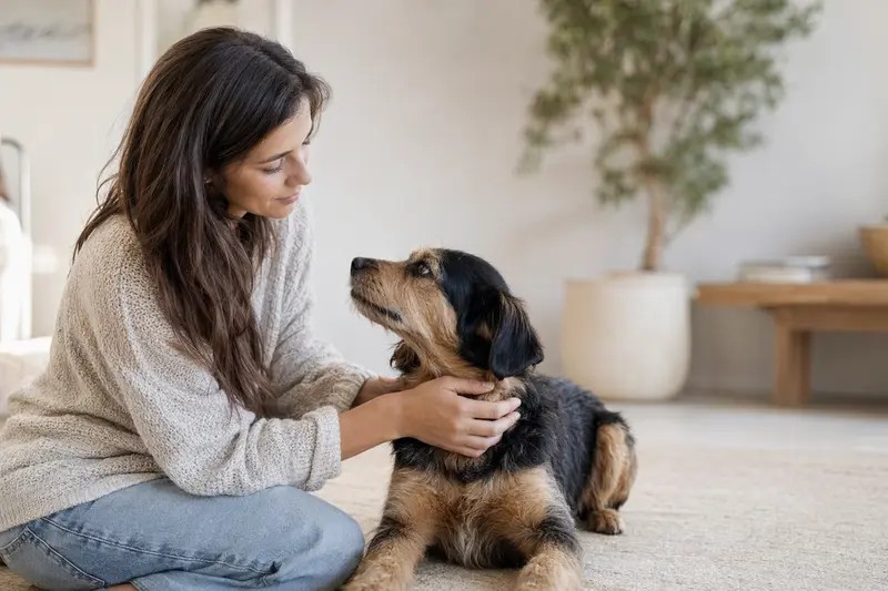 Telomian Hund in aufmerksamer Haltung vor hellem Hintergrund, als hochwertiges Hunde-Portrait mit natürlicher Fellstruktur.