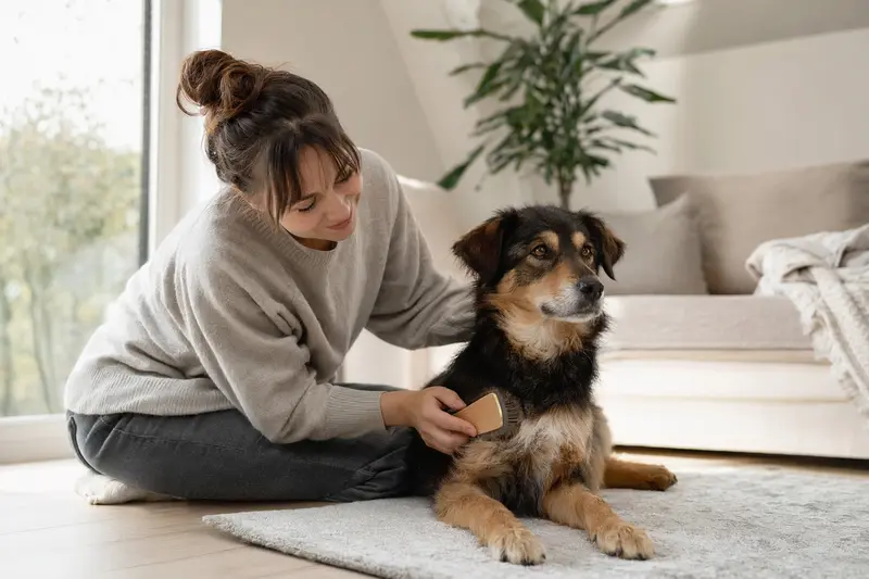 Ein Telomian Hund wird in einer hellen Wohnung sanft gebürstet, während sich der Besitzer liebevoll um die Fellpflege kümmert.