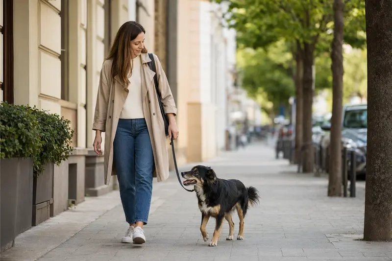 Ein Telomian Hund läuft an der Leine mit seinem Besitzer durch eine moderne Stadtstraße.