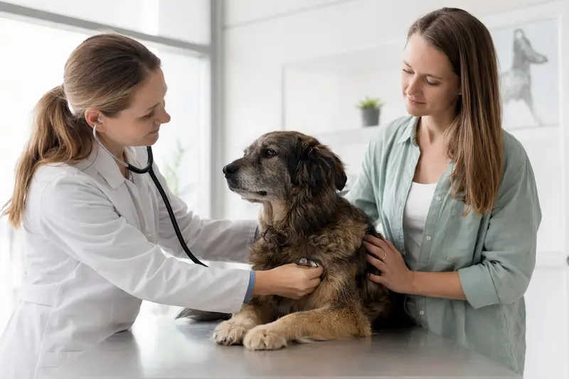 Eine Tierärztin untersucht einen ruhigen Telomian Hund auf dem Untersuchungstisch in einer modernen Tierarztpraxis, während der Besitzer beruhigend danebensteht.