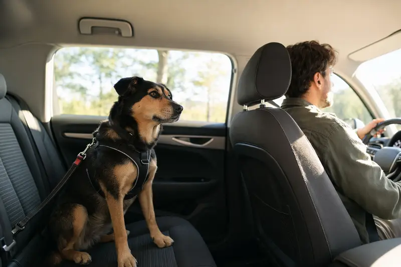 Ein Telomian Hund sitzt sicher angeschnallt auf der Rückbank eines Autos, während der Besitzer ruhig fährt.