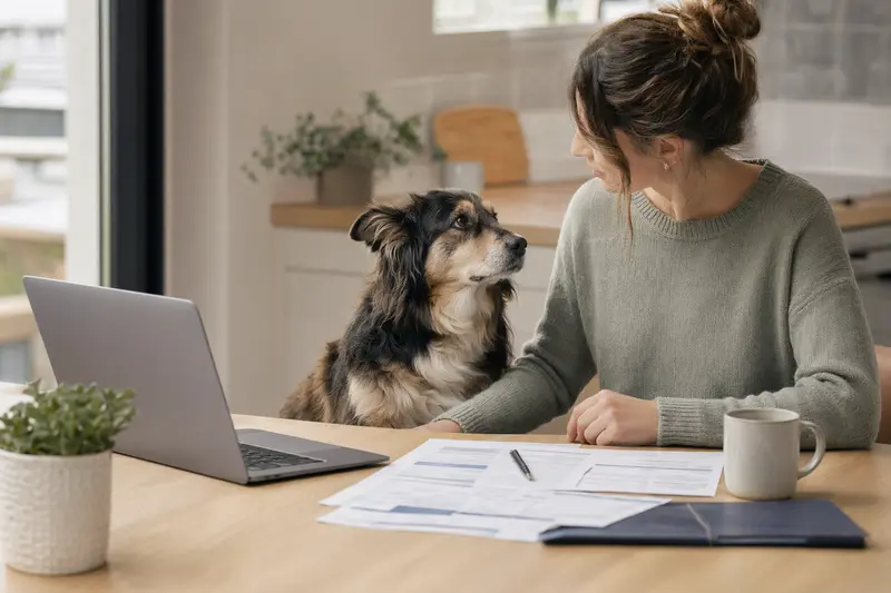 Ein Telomian Hund sitzt ruhig neben seinem Besitzer am Küchentisch mit Versicherungsunterlagen und einem Laptop mit Vergleichsseite.