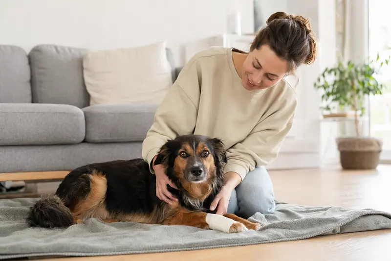 Ein Telomian Hund mit leichtem Verband an der Pfote liegt ruhig auf einer Decke neben seinem erleichterten Besitzer in einer hellen Wohnung.