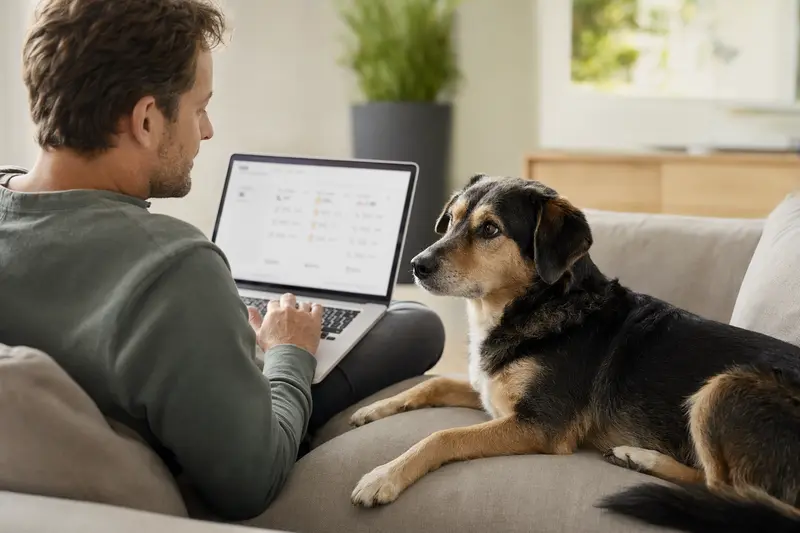 Ein Hundebesitzer arbeitet am Laptop auf dem Sofa, während ein Telomian-Hund daneben sitzt.