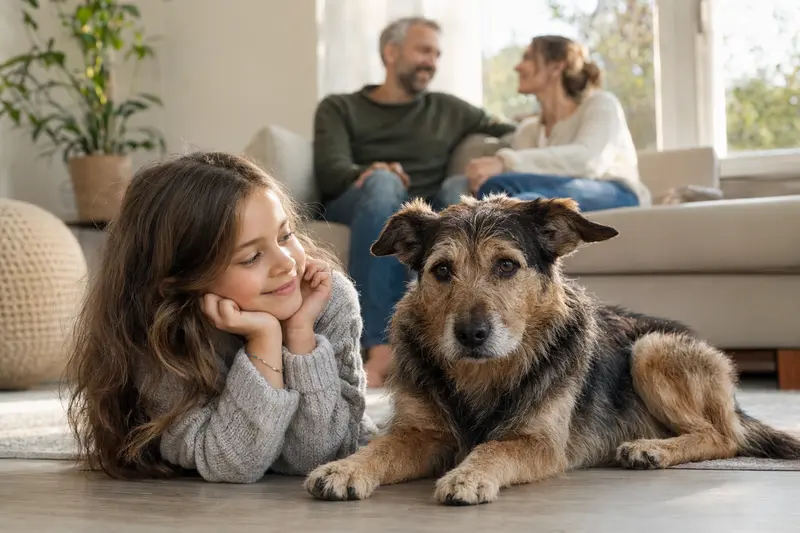 Ein freundlicher Teneriffa-Hund liegt entspannt neben einem Kind im hellen Wohnzimmer, während die Eltern im Hintergrund für eine sichere Familienatmosphäre sorgen.