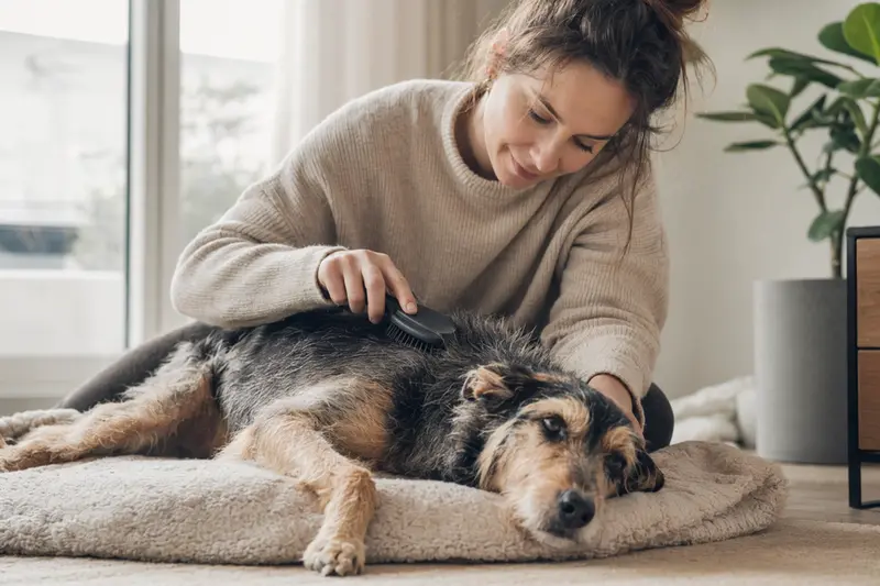 Ein Teneriffa-Hund wird zuhause sanft gebürstet, während sich der Besitzer liebevoll um die Fellpflege kümmert.
