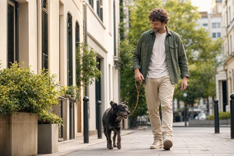Ein Teneriffe Hund läuft entspannt an der Leine mit seinem Besitzer durch eine moderne Stadtstraße.
