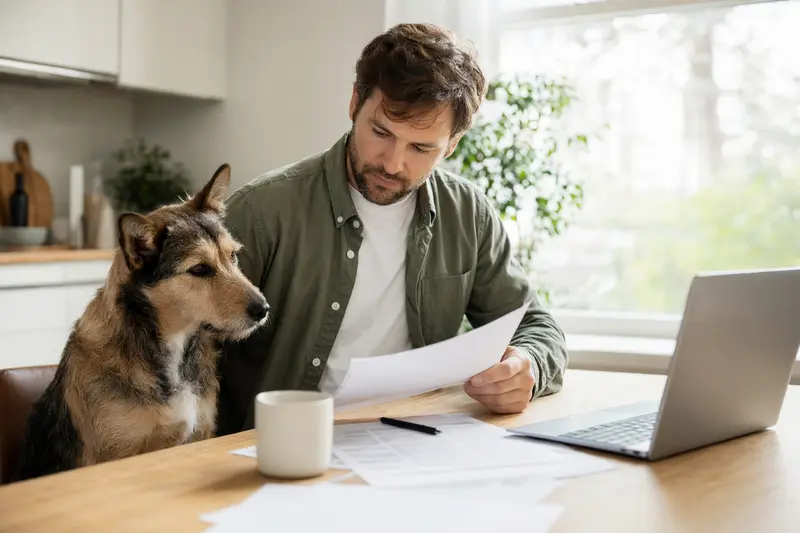 Ein ruhiger Teneriffe Hund sitzt neben seinem Besitzer am Küchentisch mit Versicherungsunterlagen und einem Laptop zur Hundekrankenversicherung.