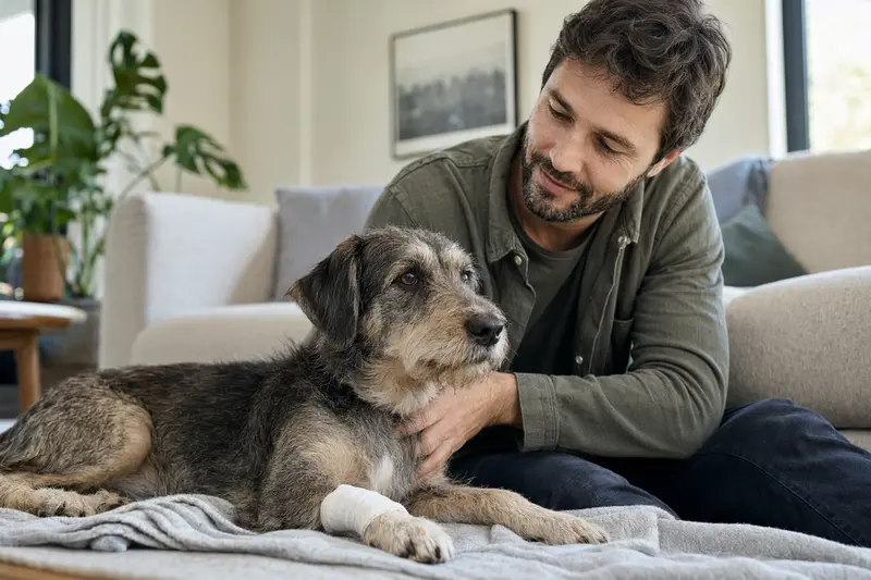 Teneriffa Hund mit leichtem Verband an der Pfote liegt ruhig auf einer Decke, während sein Besitzer erleichtert neben ihm sitzt.