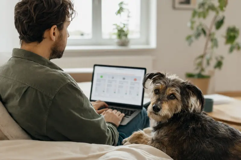 Ein Hundebesitzer sitzt entspannt auf dem Sofa mit Laptop und einem Teneriffa-Hund, während er sich um Versicherungsoptionen kümmert.