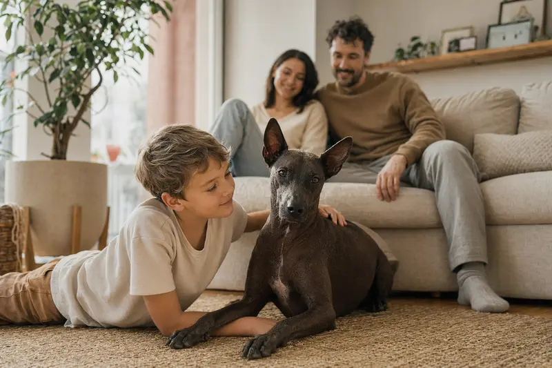 Ein freundlicher Tepeizeuintli Hund liegt entspannt neben einem Kind im Wohnzimmer, während die Eltern im Hintergrund eine sichere Familienatmosphäre schaffen.