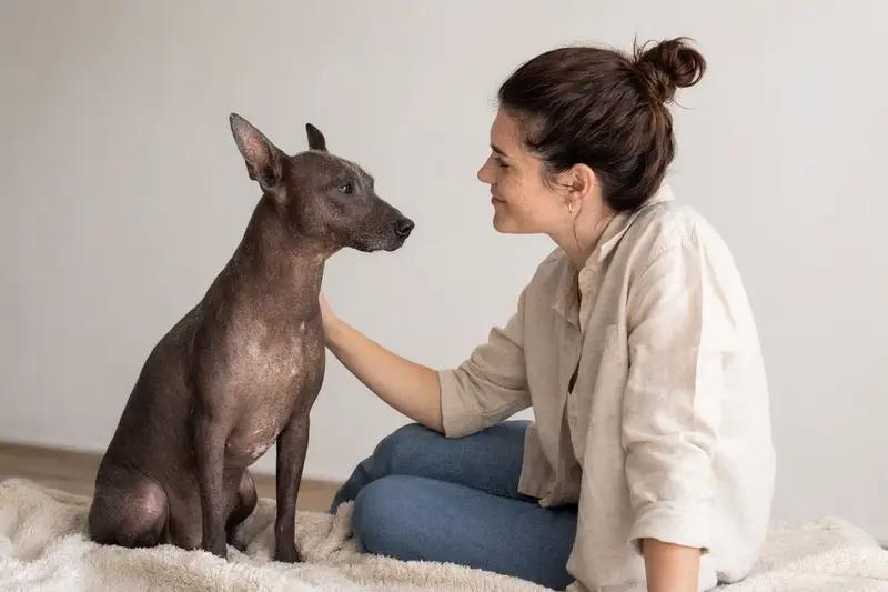 Ein aufmerksam stehender Tepeizeuintli Hund vor hellem Hintergrund als realistisches Tierportrait mit weichem Licht und klaren Details.