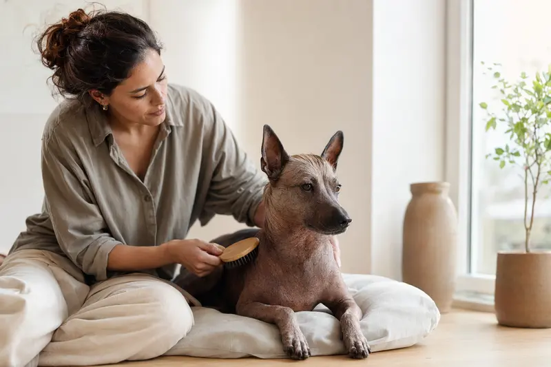 Ein Tepeizeuintli Hund wird zuhause von seinem Besitzer sanft gebürstet und gepflegt.