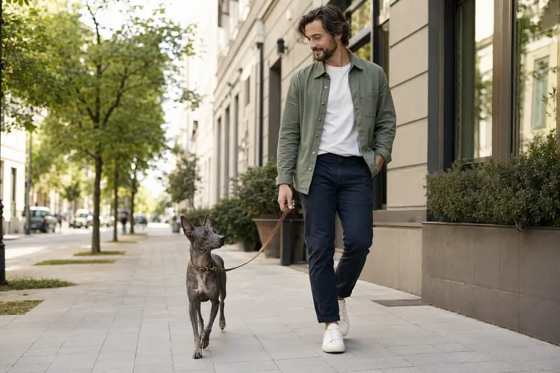 Ein Tepeizeuintli Hund läuft an der Leine mit seinem Besitzer durch eine freundliche moderne Stadtstraße.