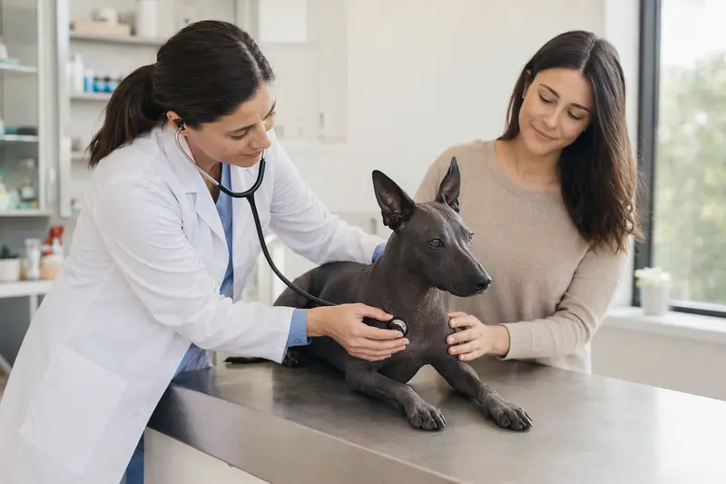 Eine Tierärztin untersucht einen ruhigen Tepeizeuintli Hund mit dem Stethoskop, während der Besitzer beruhigend danebensteht.