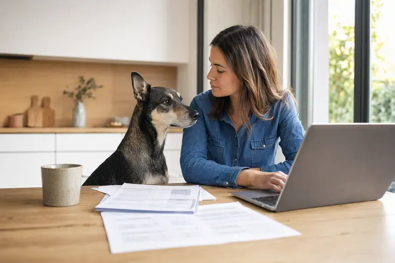 Ein Tepeizeuintli Hund sitzt ruhig neben seinem Besitzer am Küchentisch, während Versicherungsunterlagen und ein Laptop mit einer Vergleichsseite auf eine Tierkrankenversicherung hinweisen.