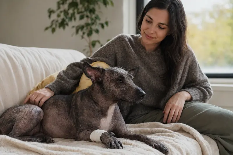 Ein Tepeizeuintli Hund mit leichtem Verband an der Pfote liegt ruhig auf einer Decke neben seinem erleichterten Besitzer in einer hellen Wohnung.