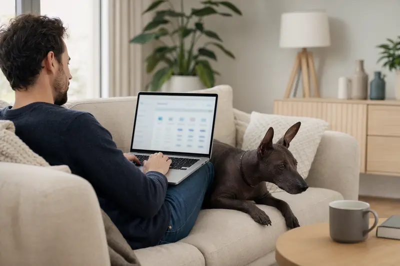 Ein Hund sitzt neben seinem Besitzer auf dem Sofa, während dieser am Laptop eine Versicherungsvergleichsseite betrachtet.