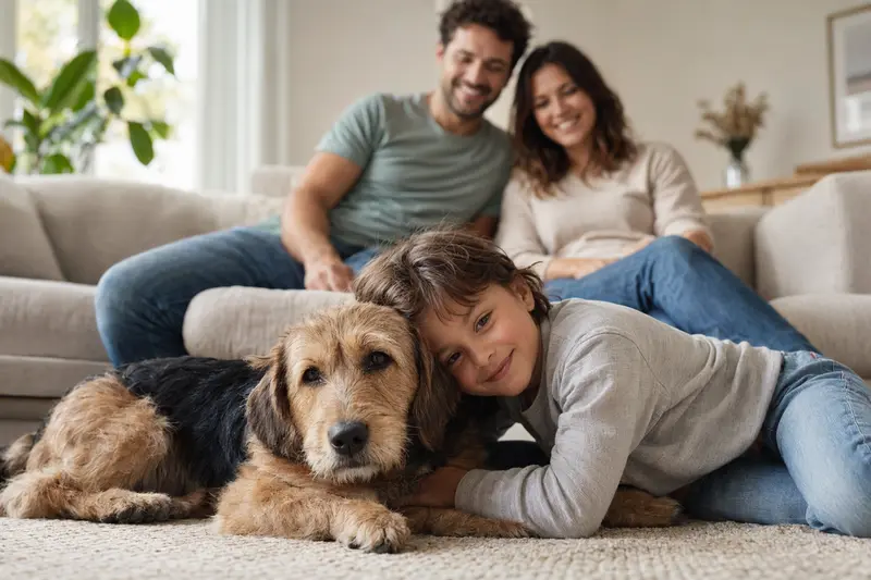 Ein freundlicher Terrier Brasileiro liegt entspannt neben einem Kind im Wohnzimmer, während die Eltern im Hintergrund in einer hellen Familienatmosphäre zu sehen sind.