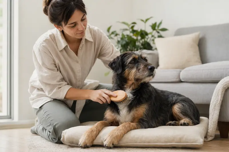 Ein Terrier Brasileiro wird in einer hellen Wohnung liebevoll gebürstet, was die verantwortungsvolle Fellpflege und Gesundheit des Hundes zeigt.