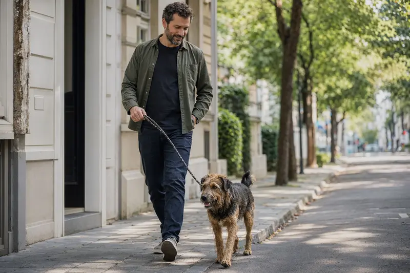 Ein Terrier Brasileiro läuft angeleint mit seinem Besitzer entspannt durch eine moderne Stadtstraße.