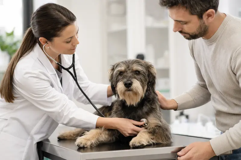 Ein ruhiger Terrier Brasileiro wird in einer modernen Tierarztpraxis behutsam mit dem Stethoskop untersucht, während seine Besitzerin beruhigend danebensteht.