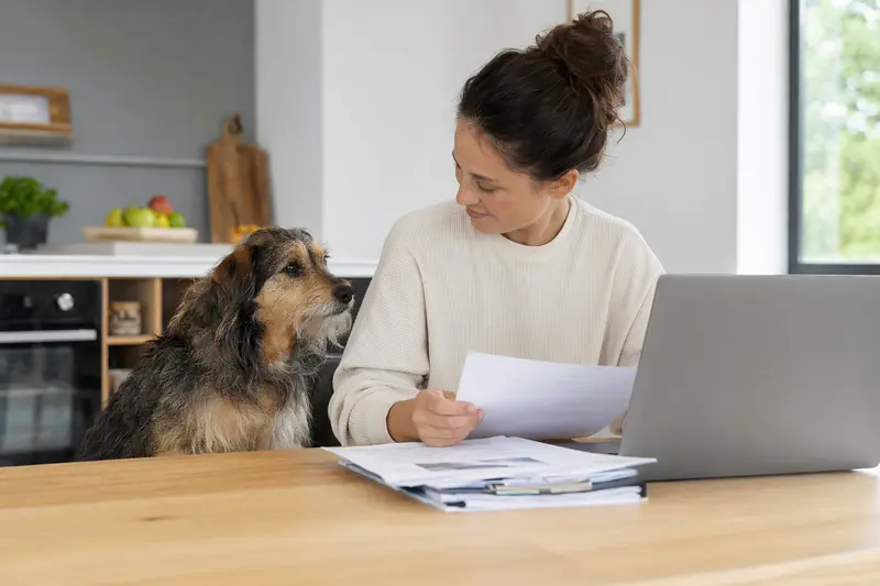Ein Terrier Brasileiro sitzt ruhig neben seinem Besitzer am Küchentisch mit Versicherungsunterlagen und Laptop zur Tierkrankenversicherung.