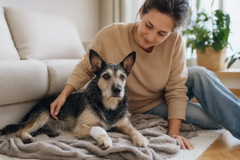 Ein Terrier Brasileiro mit leicht verbundenen Pfote liegt ruhig auf einer Decke, während sein Besitzer daneben sitzt und erleichtert wirkt.