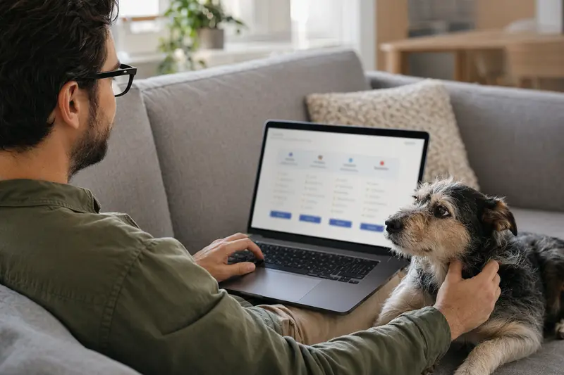Ein Besitzer sitzt mit seinem Terrier Brasileiro neben einem Laptop auf dem Sofa und vergleicht Tierkrankenversicherungen.