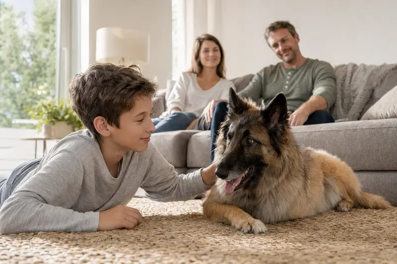 Ein Tervueren Hund liegt entspannt neben einem Kind im Wohnzimmer in einer sicheren Familienatmosphäre.