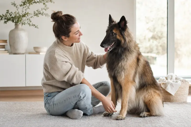 Aufmerksamer Tervueren Hund in natürlicher Haltung vor hellem Hintergrund, als realistisches Tierportrait mit weichem Licht.