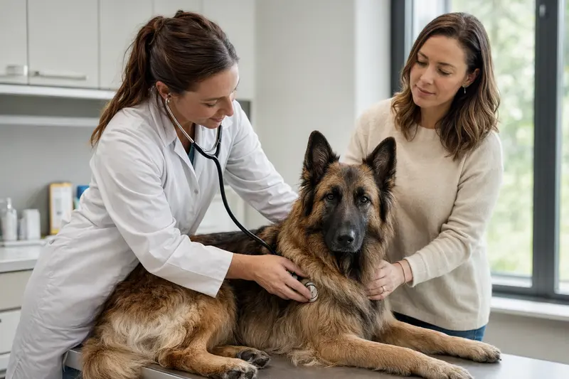 Freundliche Tierärztin untersucht einen ruhigen Tervueren Hund auf dem Untersuchungstisch in einer modernen Tierarztpraxis, während der Besitzer beruhigend danebensteht.