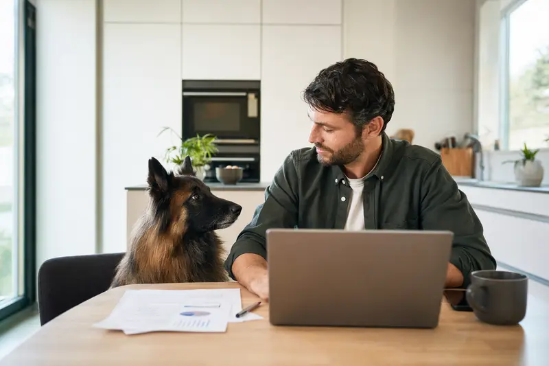 Ein Tervueren Hund sitzt ruhig neben seinem Besitzer am Küchentisch mit Versicherungsunterlagen und Laptop zur Hundekrankenversicherung.