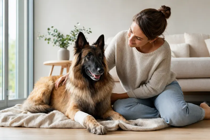 Ein Tervueren Hund mit leicht verbundenen Pfote liegt ruhig auf einer Decke, während sein Besitzer daneben sitzt und erleichtert wirkt.