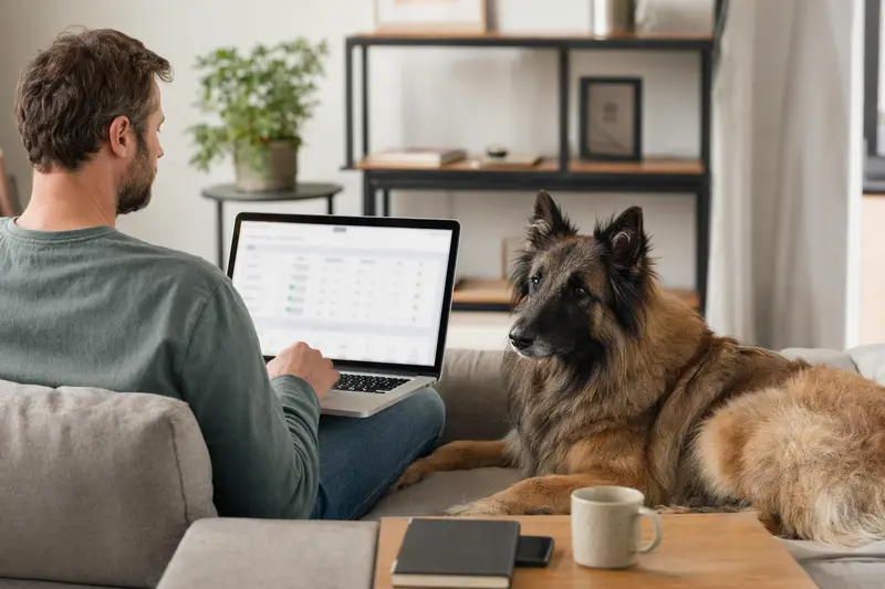 Ein Hundebesitzer mit einem Tervueren sitzt entspannt auf dem Sofa und vergleicht Versicherungen auf seinem Laptop.