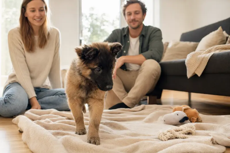 Ein junger Tervueren Welpe entdeckt neugierig sein neues Zuhause in einer hellen Wohnung mit weicher Decke und Spielzeug.