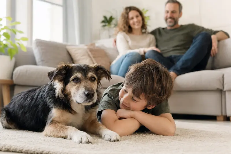 Ein freundlicher Tesem Hund liegt entspannt neben einem Kind im Wohnzimmer, während die Eltern im Hintergrund eine sichere Familienatmosphäre schaffen.
