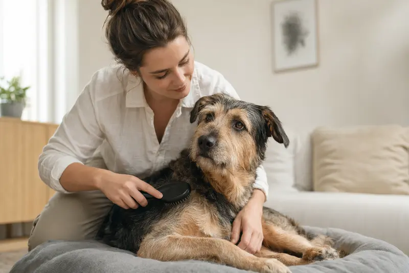 Ein Tesem Hund wird in einer hellen Wohnung liebevoll gebürstet, während sein Besitzer die Fellpflege ruhig und aufmerksam übernimmt.