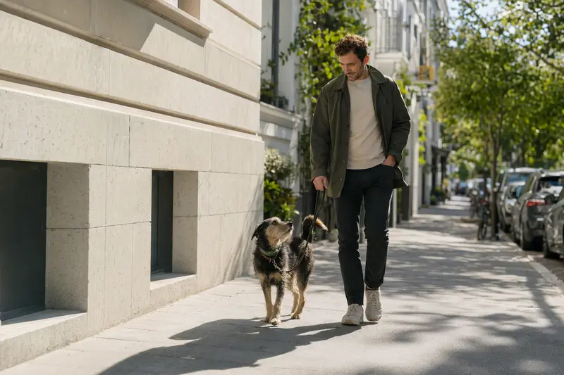 Ein Tesem Hund läuft entspannt an der Leine mit seinem Besitzer durch eine moderne Stadtstraße.