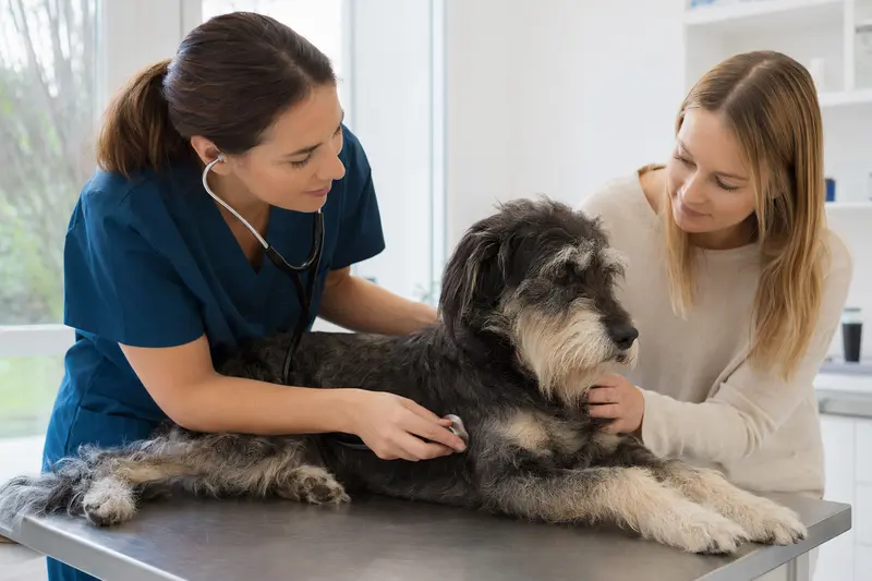 Eine freundliche Tierärztin untersucht einen ruhigen Tesem Hund mit dem Stethoskop, während der Besitzer in der modernen Tierarztpraxis beruhigend danebensteht.