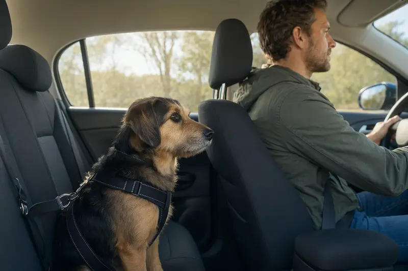 Ein Tesem Hund sitzt sicher angeschnallt auf der Rückbank eines Autos, während der Besitzer ruhig fährt und Sonnenlicht durch das Fenster fällt.