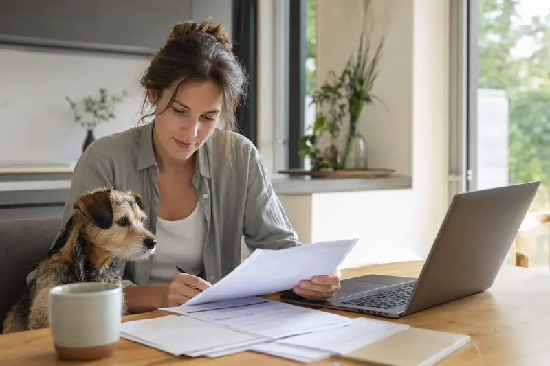 Ein Tesem Hund sitzt ruhig neben seinem Besitzer am Küchentisch mit Versicherungsunterlagen und einem Laptop zur Hundekrankenversicherung.