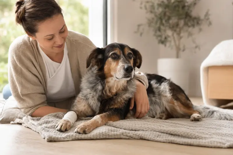 Ein Tesem Hund mit leicht verbundenem Pfötchen liegt ruhig auf einer Decke, während sein Besitzer neben ihm sitzt und erleichtert wirkt.