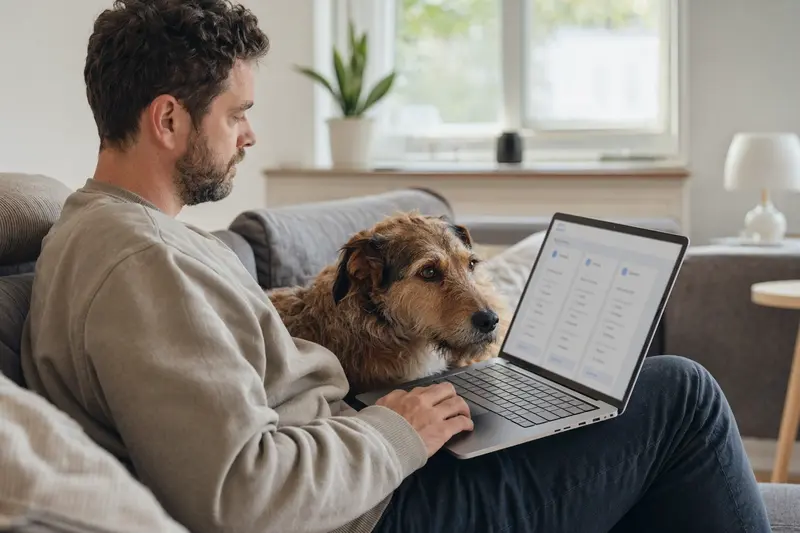 Ein Hundebesitzer sitzt mit einem Laptop auf dem Sofa und vergleicht Tierversicherungen, während sein Hund neben ihm liegt.