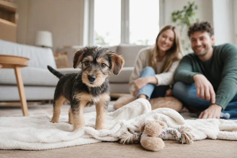 Ein junger Tesem Welpe erkundet neugierig sein neues Zuhause mit weicher Decke und Spielzeug in einer hellen Wohnung, während seine Familie im Hintergrund zu sehen ist.