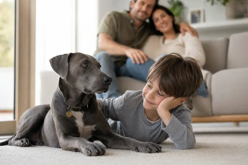 Ein freundlicher Texas Blue Lacy Hund liegt entspannt neben einem Kind im Wohnzimmer in einer sicheren Familienatmosphäre.