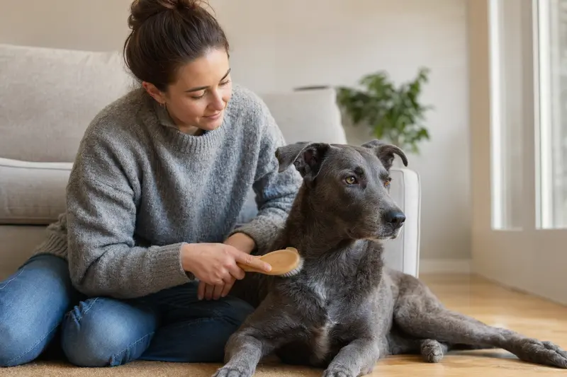 Ein Texas Blue Lacy Hund wird zuhause sanft gebürstet, während sein Besitzer liebevoll die Fellpflege übernimmt.