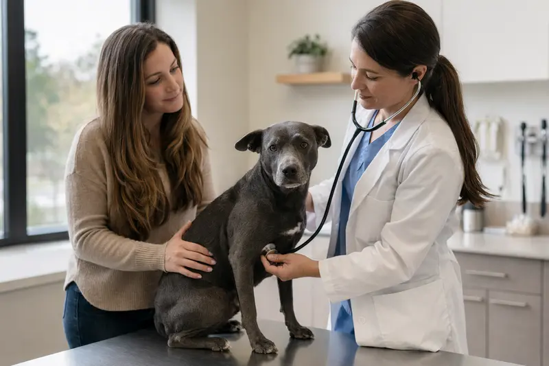 Eine Tierärztin untersucht einen ruhigen Texas Blue Lacy Hund mit dem Stethoskop auf dem Untersuchungstisch in einer hellen Tierarztpraxis, während der Besitzer beruhigend danebensteht.
