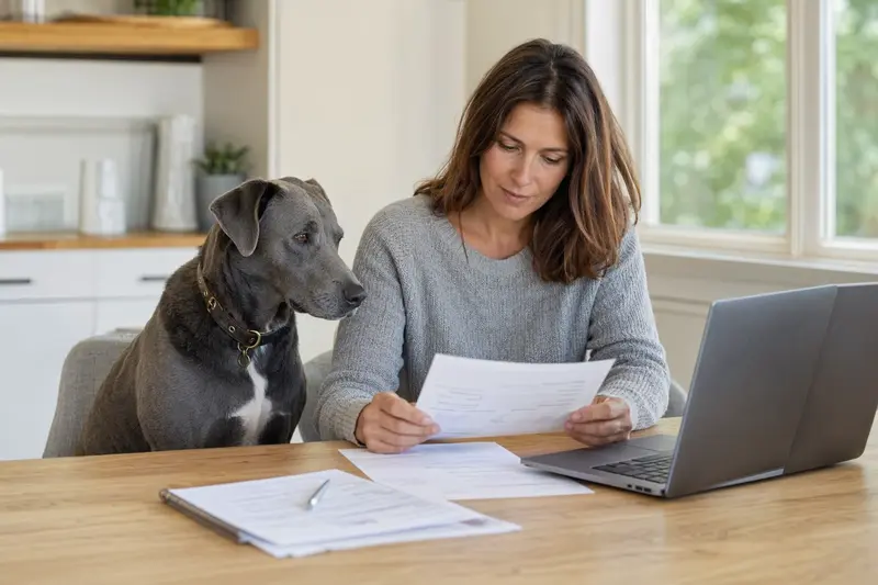 Ein Texas Blue Lacy Hund sitzt ruhig neben seinem Besitzer am Küchentisch mit Versicherungsunterlagen und Laptop zu einer Tierkrankenversicherung.